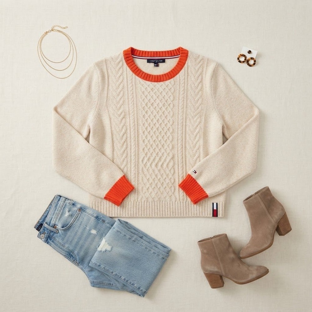 Tommy Jeans Sweater Womens M Cream Orange Cable Knit Preppy Varsity Pullover